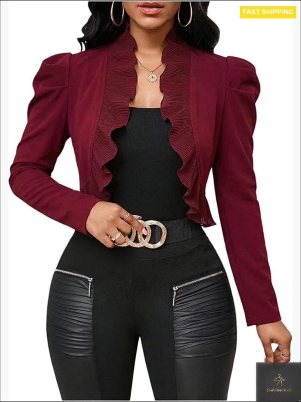 Cropped Blazer Ruffle Hem Puff Sleeve Slim Fit Business Casual Open Front Jacket